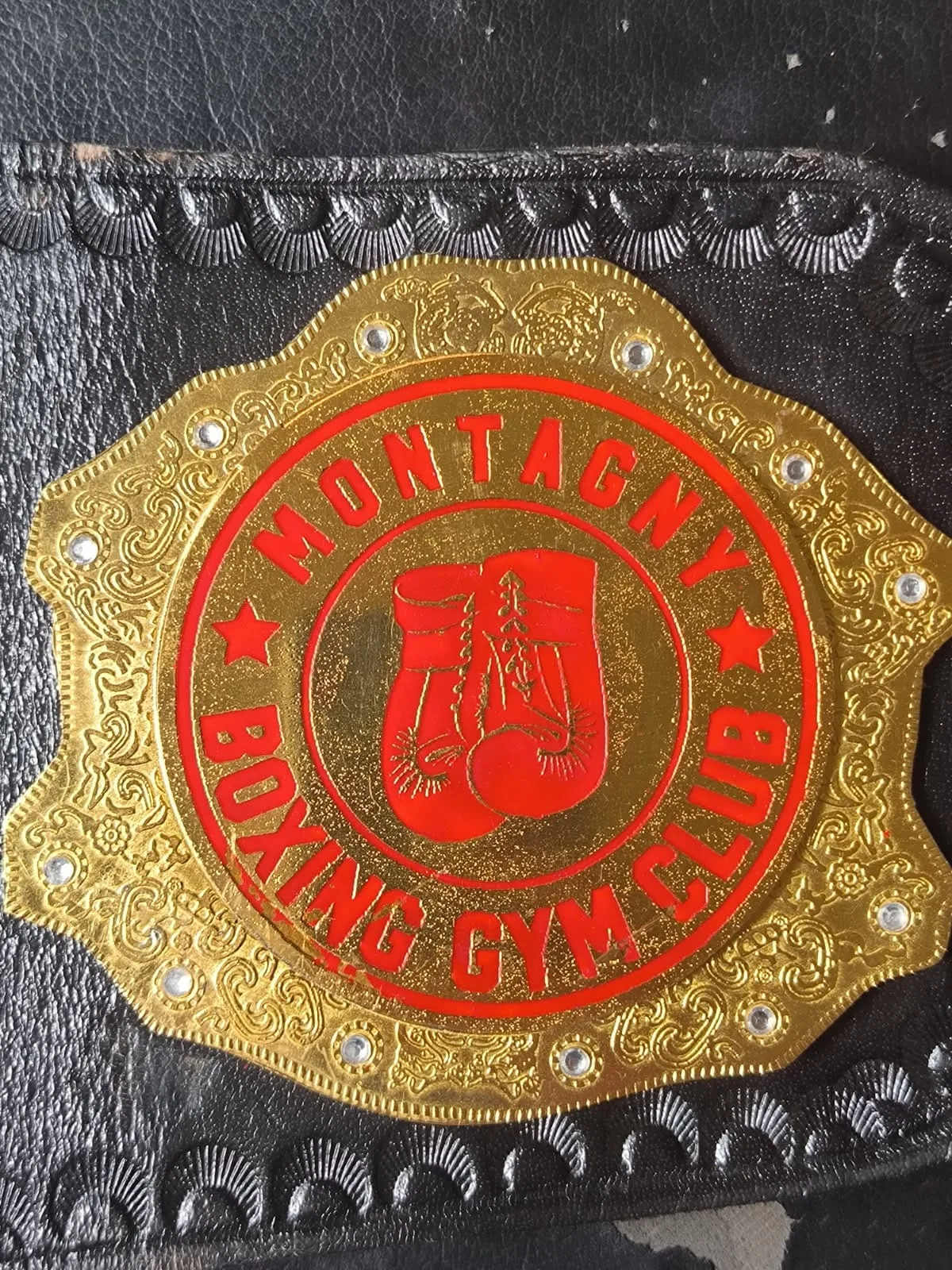 Red color fill and embossed leather detail